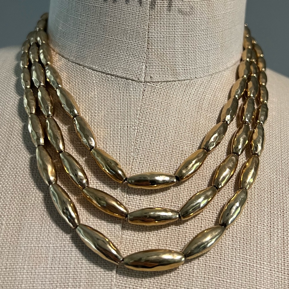 Vintage MONET Triple Strand Gold Tone Bead Necklace Choker Costume Jewelry